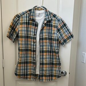 GAP Men's Short-Sleeve Plaid Button-Down Shirt in Green, Mustard & Blue(M)